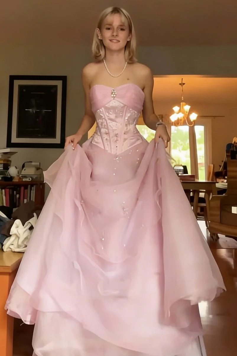 Vintage A-Line Strapless Empire-Waist Beads Princess Long Prom Dress
