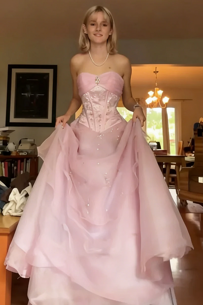 Vintage A-Line Strapless Empire-Waist Beads Princess Long Prom Dress