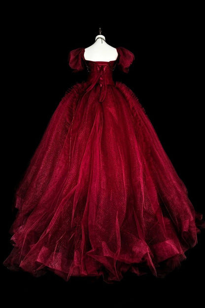 girlhomeshops-Burgundy Retro Sparkling Short-Sleeved Long Tulle Ball Gown gh6134