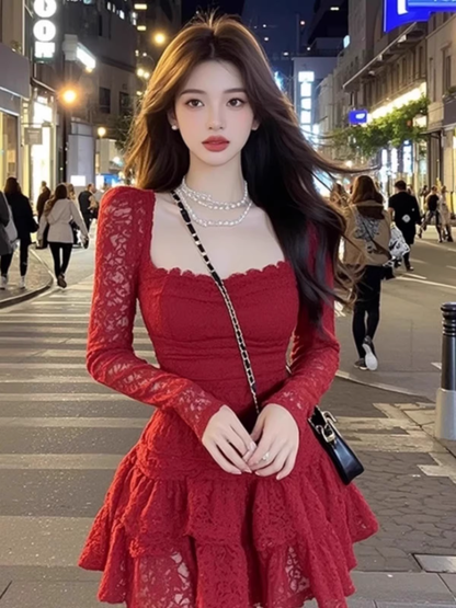 Vintage Burgundy Lace Long-sleeve A-Line Tiered Homecoming Dress Party Dress Cocktail Dress HZ1024