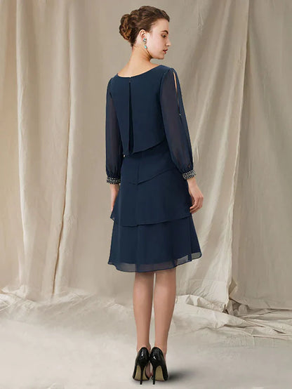 A-Line Mother of the Bride Dress Elegant Jewel Neck Asymmetrical Short Mini Chiffon Short Sleeve with Ruffles