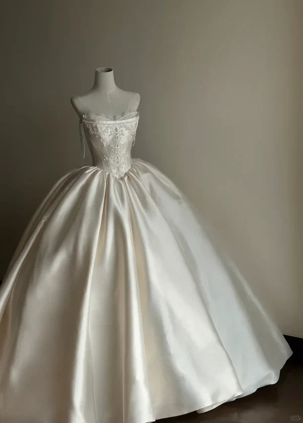 Girlhomeshops-White satin long elegant tulle wedding prom dress gh5435