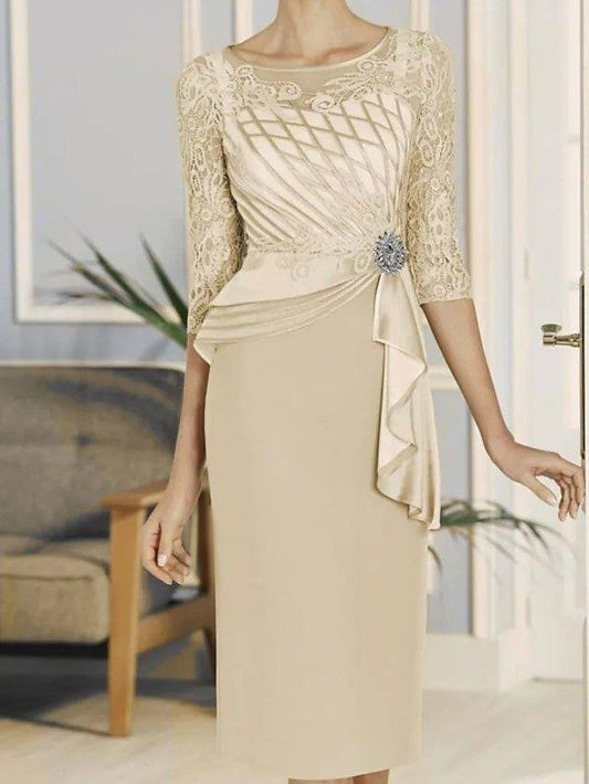 Sheath / Column Mother of the Bride Dress Elegant Jewel Neck Knee Length Lace Satin 3/4 Length Sleeve with Ruffles Embroidery - RongMoon