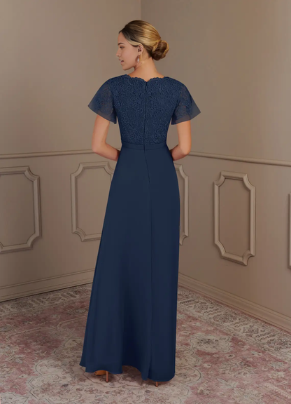 A-Line V-Neck Lace Chiffon Dark Navy Mother of the Bride Dresses