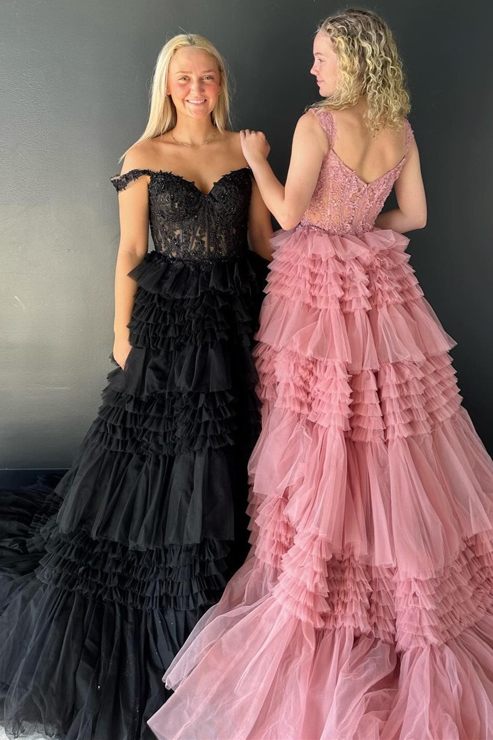Red Tulle Off-the-Shoulder Ruffle Tiered Long Prom Dress