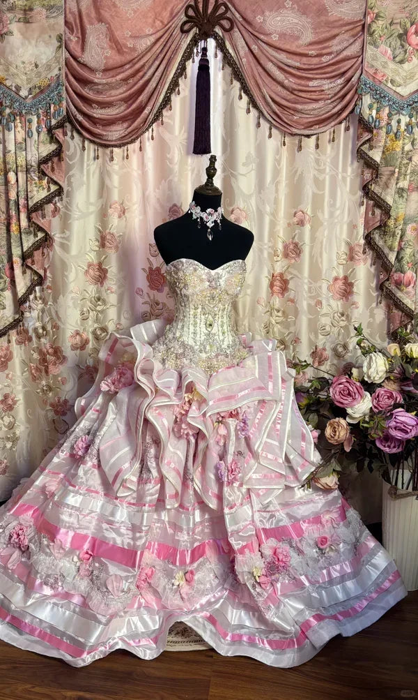 Vintage Pink Sweetheart Strapless Beaded Sweet 16 Quinceanera A-Line Evening Dress Ball Gown HZ1024