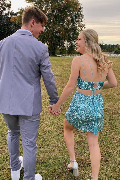 Tiffany Blue Sequin V-Neck Lace-Up Mini Homecoming Dress