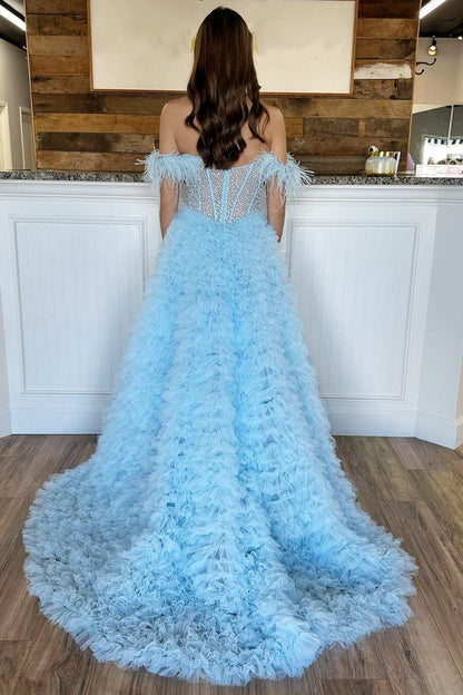 Hot Pink Beaded Feather Off-the-Shoulder Tiered Long Prom Dress with Ruffles