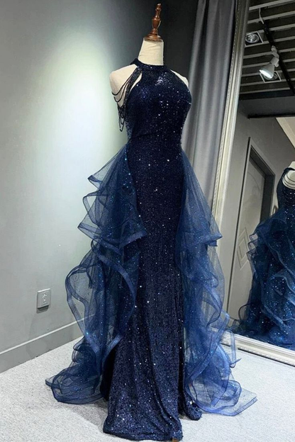 Dark Navy Halter Mermaid Sequins Long Formal Party Dresses Evening Gown, HZ0319