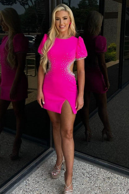 Cobalt Blue Beaded Cutout Short Dress with Puff Sleeves