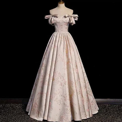 Girlhomeshops-Pink floral beaded long satin and floor formal ball gown with tie up dress gh5313