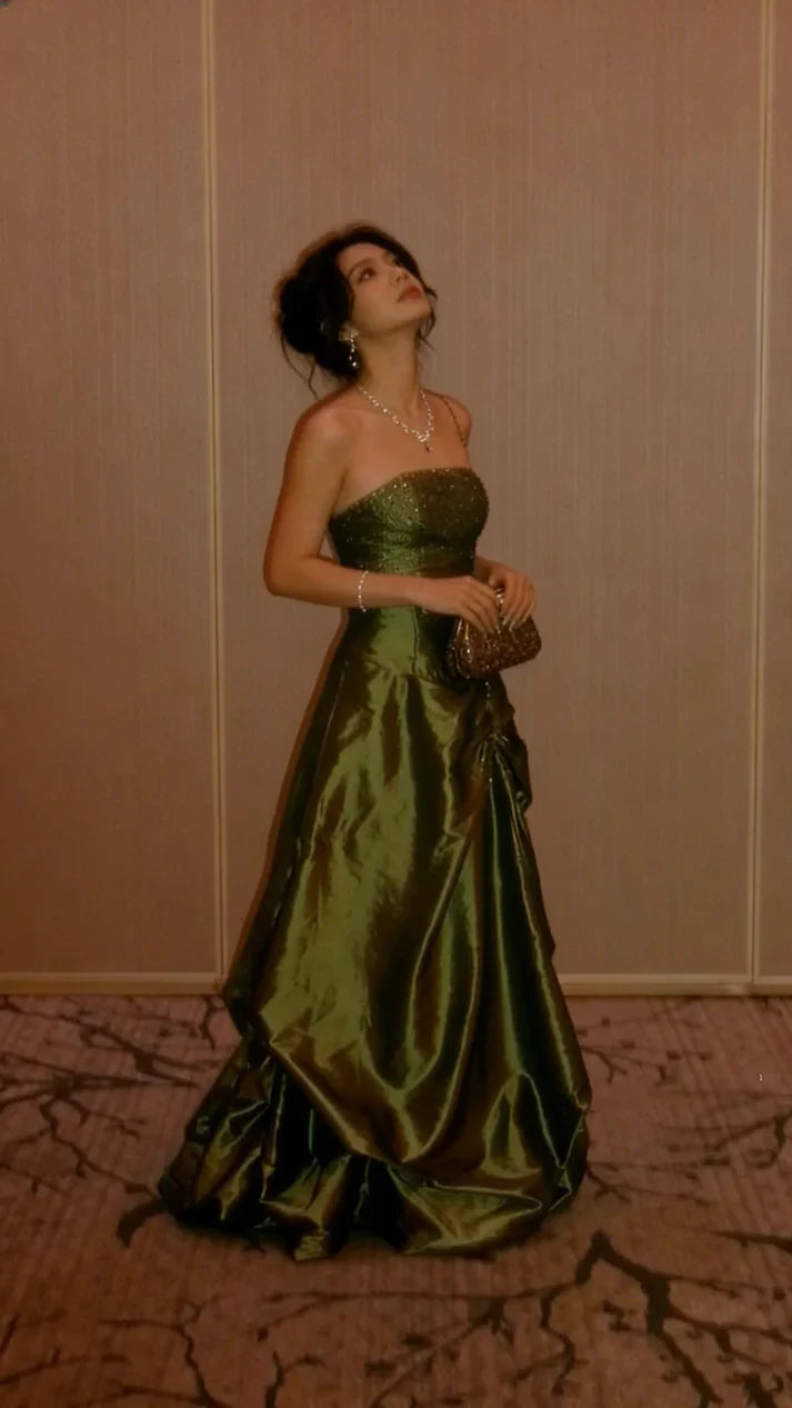 Elegant Green A-line Rhinestone Embellished Satin Long Prom Dress Evening Dress cc5404