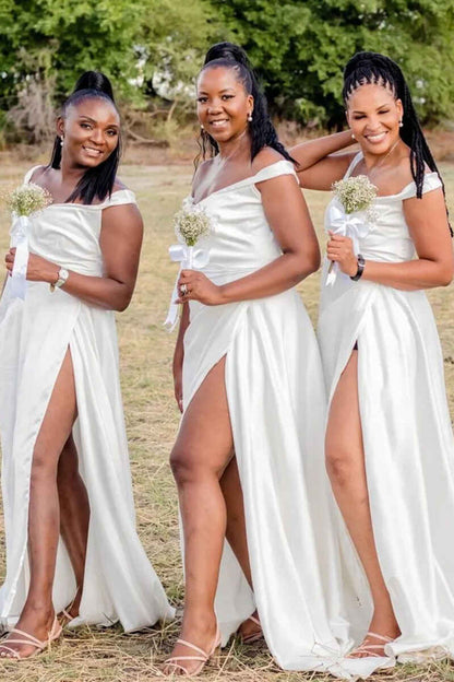 Ivory Satin Off-the-Shoulder Long Bridesmaid Dress with Slit