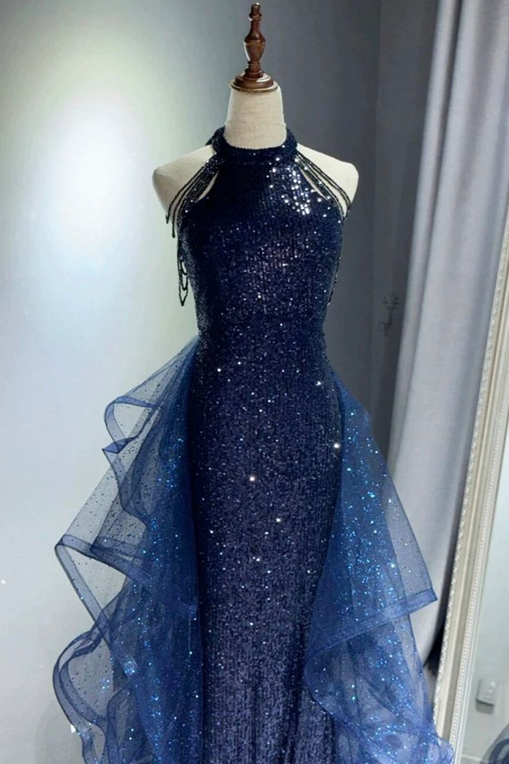 Dark Navy Halter Mermaid Sequins Long Formal Party Dresses Evening Gown, HZ0319