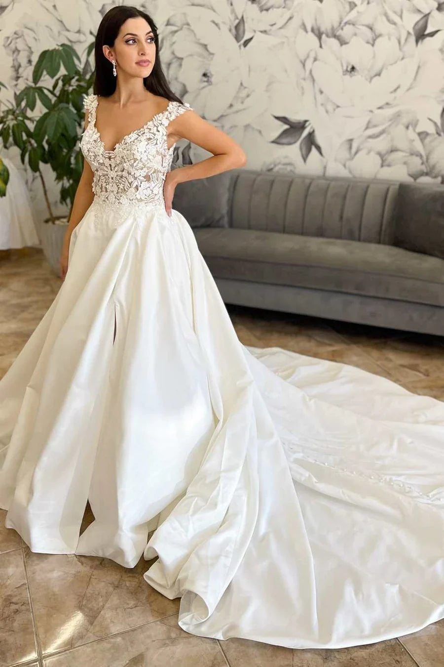 Lace Satin Off-the Shoulder Backless Bridal Gown