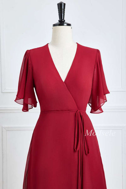 Wine Red Chiffon Surplice Neck A-Line Long Bridesmaid Dress