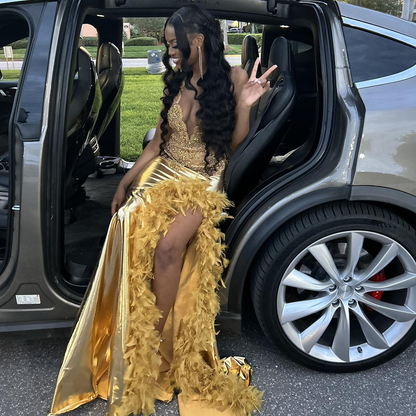Luxurious Feathers Beaded Mermaid Evening Dress Gold Long Slit Prom Party Dress  cc2459