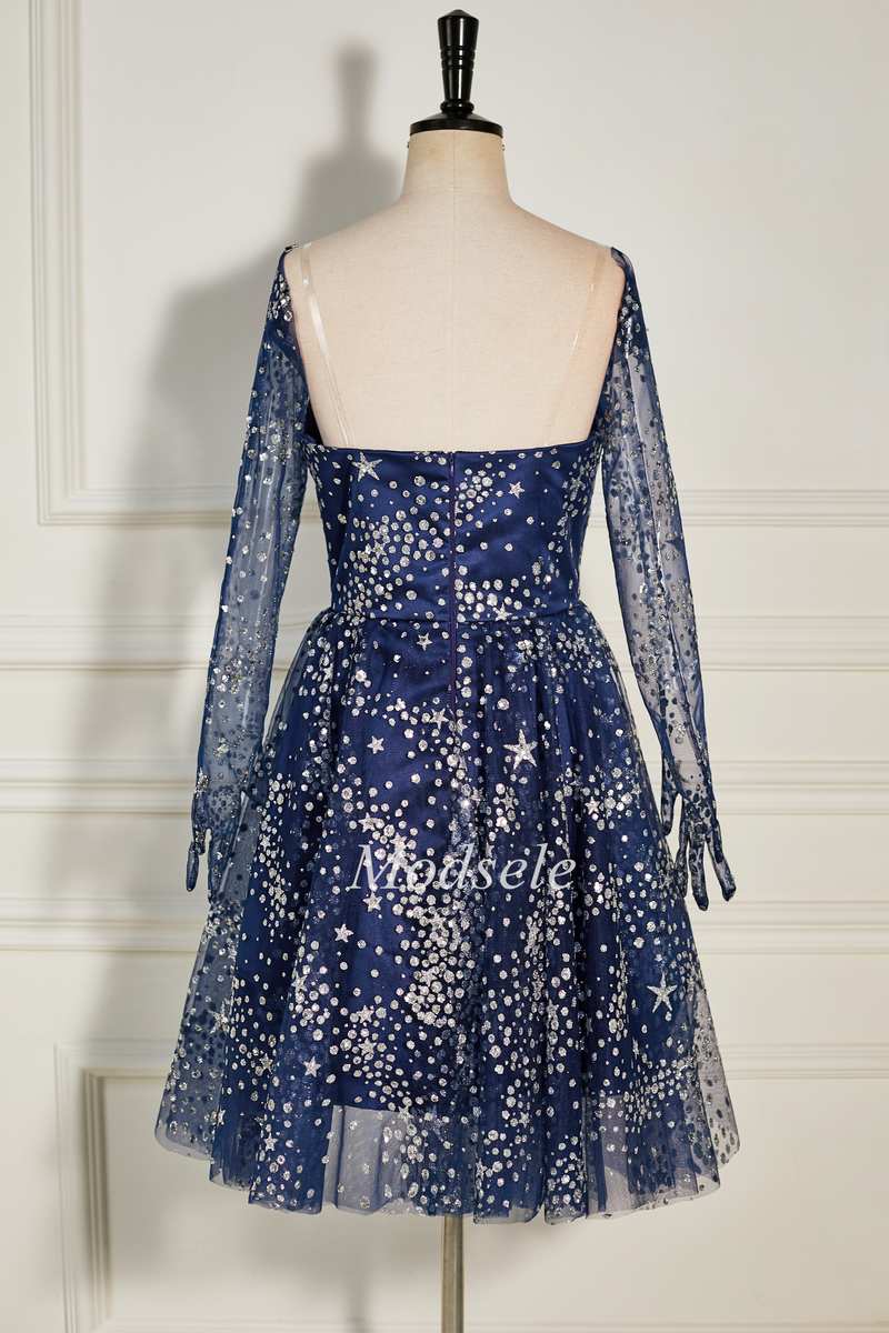 Sequin Tulle Strapless A-Line Homecoming Dress with Detachable Sleeves