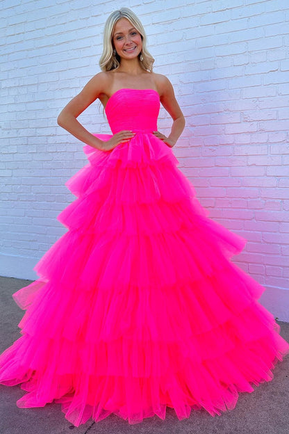 White Strapless Tiered A-Line Long Prom Dress with Ruffles