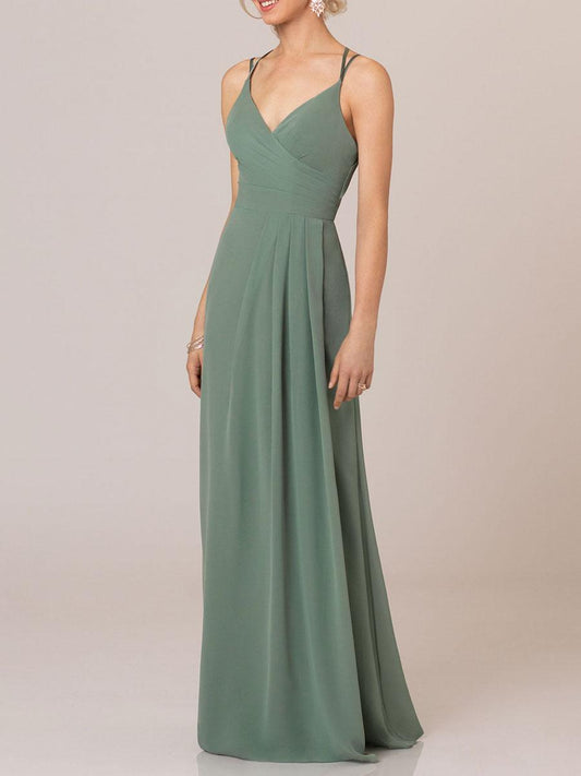 A Line V Neck Sleeveless Backless Pleated Chiffon Floor Length formal dresses evening gown Bridesmaid Dresses