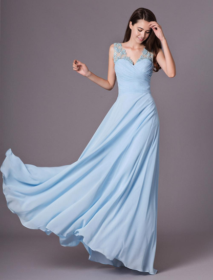 A-line V-Neck One Shoulder Floor-Length Chiffon formal dresses evening gown Bridesmaid Dress With Flower
