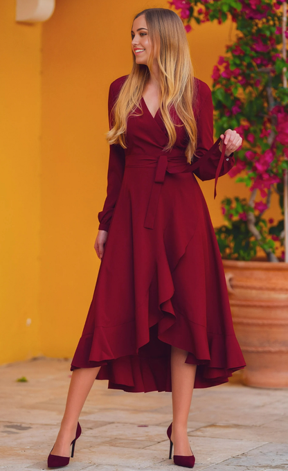 A-line V-Neck Tea Length Long Sleeve Cocktail Dress Bridesmaid Dress Formal Dresses for Wedding Guest Mother of the Bride Dresses