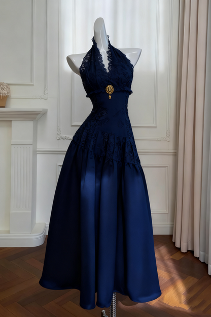 girlhomeshops-Vintage Lace Jacquard Halter Evening Dress, Long Sleeveless Elegant Party Gown gh5902