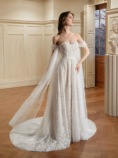Ivory A-line off shoulder sweetheart super long lace wedding dress
