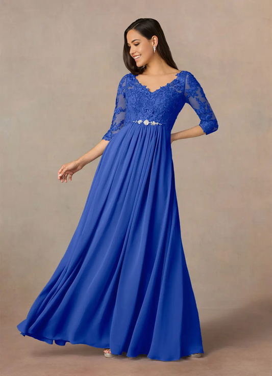 A-Line V-Neck Lace Chiffon Royal Blue Mother of the Bride Dresses