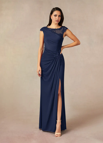 Mermaid Crew Neck Lace Appliques Dark Navy formal dresses evening dress Mother of the Bride Dresses