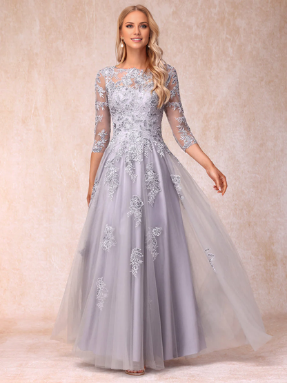 A-line princess transparent collar half sleeve long style adorned with bead and decal mother of the bride dress