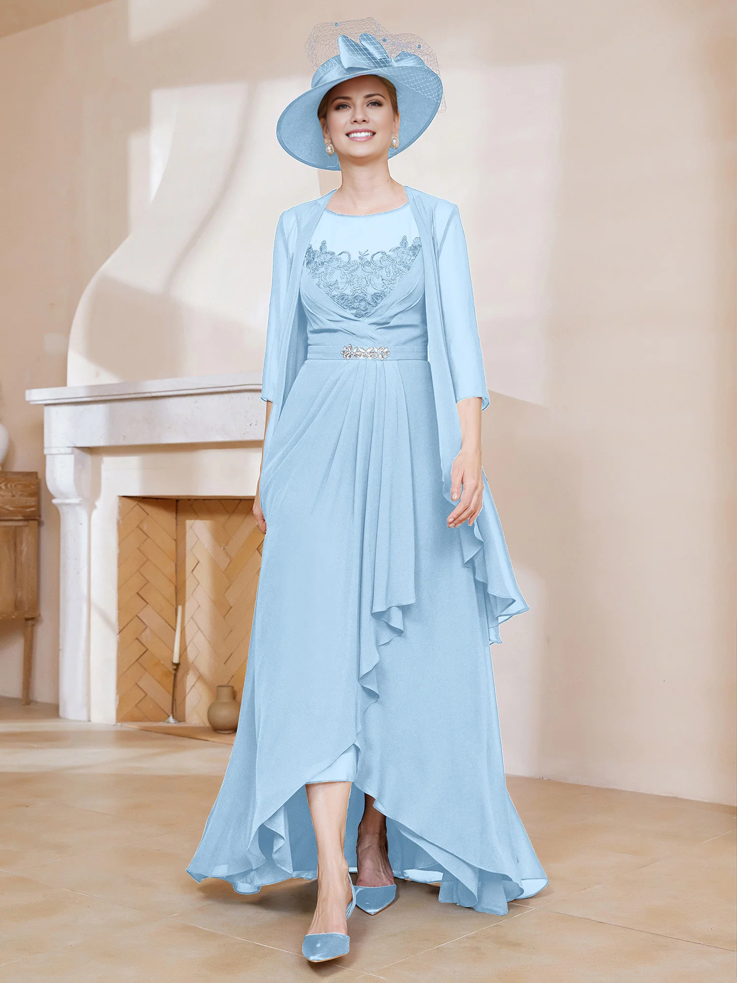 Illusionary collar ruffled dress paired with jacket mother of the bride dress