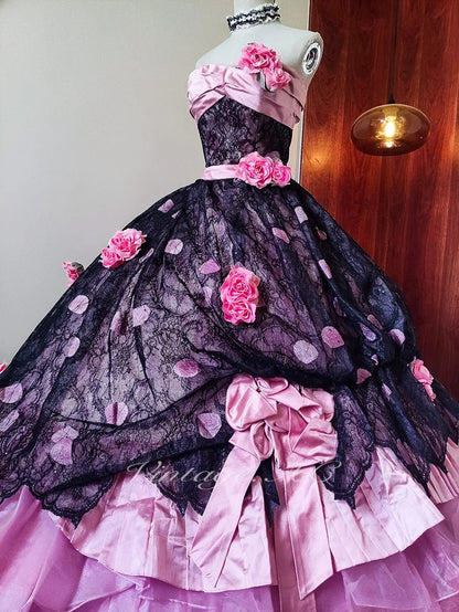 Girlhomeshops-Pink Floral Lace Tulle Floor-Length Ball Gown gh5302