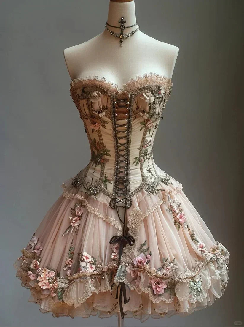 Retro Strapless Floral Design Lolita Princess Dress A-line Beaded Chiffon Party Dress Homecoming Dress HZ1024