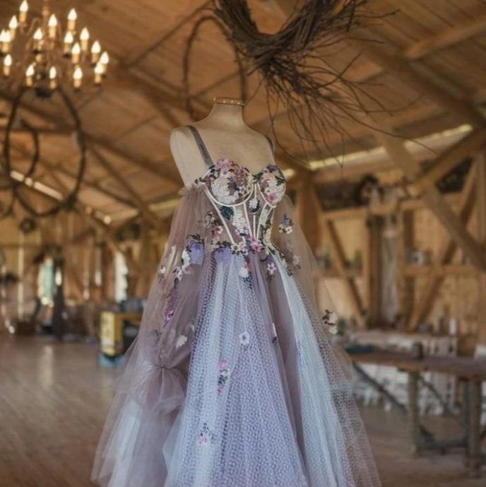 Elegant Dusty Lavender Floral Spaghetti Strap Sweetheart A-line Tulle Long Prom Dress  C2370