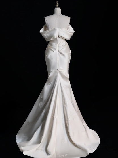 Ivory Elegant Satin Long Mermaid Slim Floor Length Ball Gown Evening Gown Wedding Dress gh4199