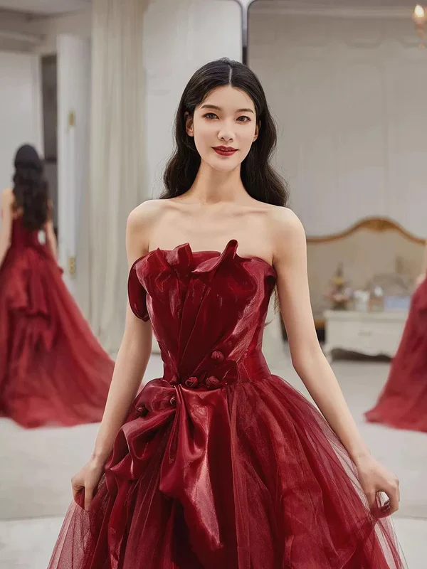 Pretty Burgundy Strapless Tulle Long Prom Dress Party Evening Dress  cc1920