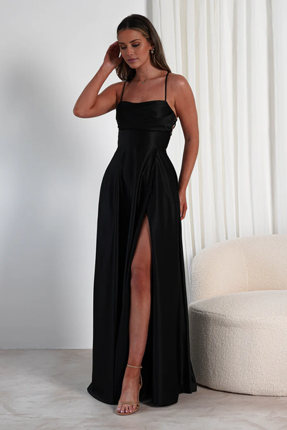 Thin shoulder strap with exposed back side slit and floor length Prom Dress - Jimiss Dress