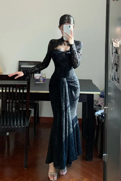 Black long sleeved exquisite lace long elegant Prom dress graduation formal dress gh6629