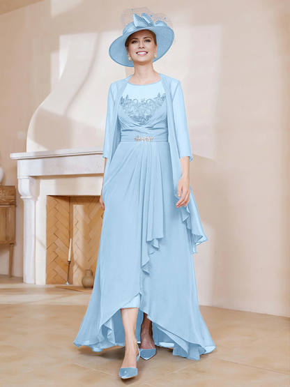 Illusionary collar ruffled dress paired with jacket mother of the bride dress