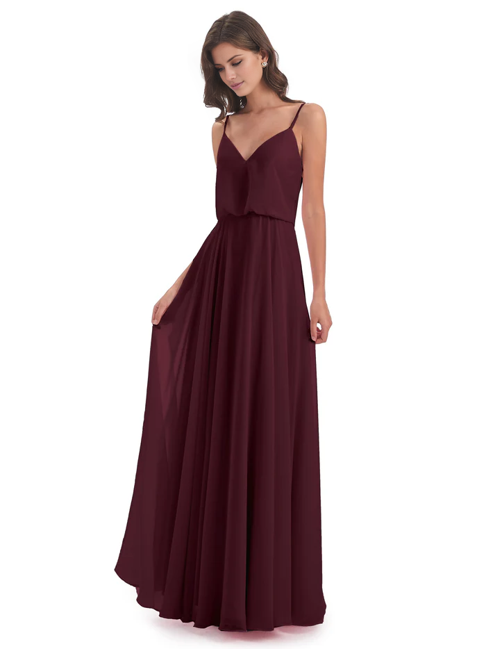 Simple slim shoulder chiffon and floor length bridesmaid dress