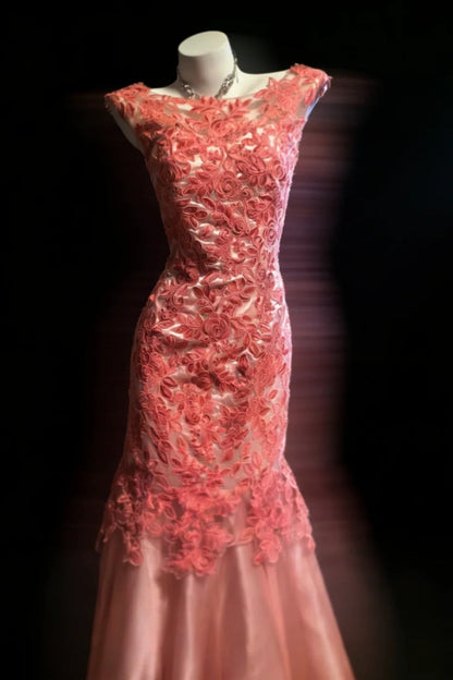 Rose lace long tulle evening gown gh6851