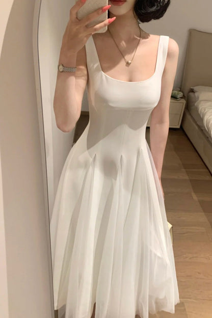 White Square Neck Spaghetti Strap Satin Tulle - Minimalist Elegant Bridesmaid/Date/Light Evening Midi Gown gh6981