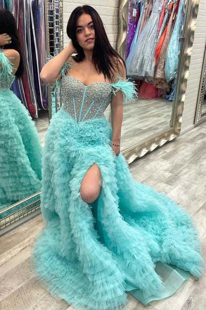 Hot Pink Beaded Feather Off-the-Shoulder Tiered Long Prom Dress with Ruffles