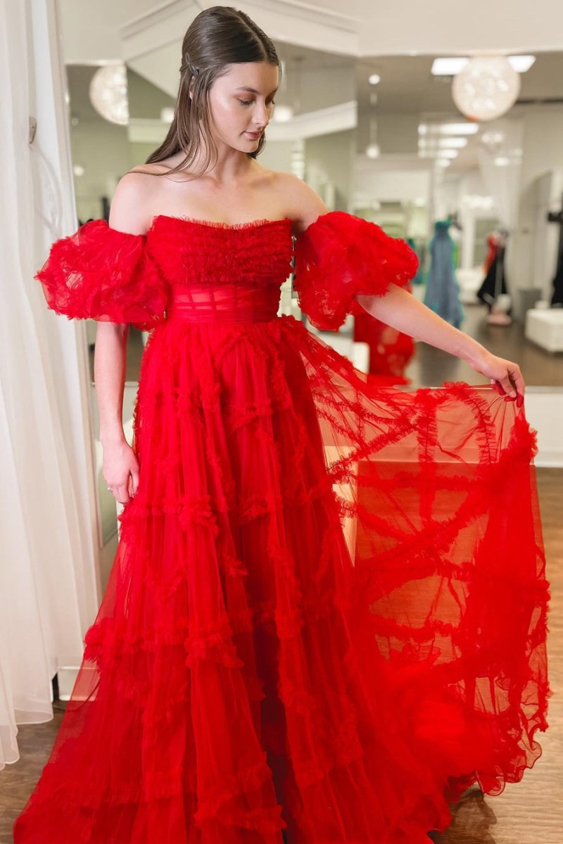 Lainey |A-Line Strapless Ruffles Long Formal Dress with Puff Sleeves