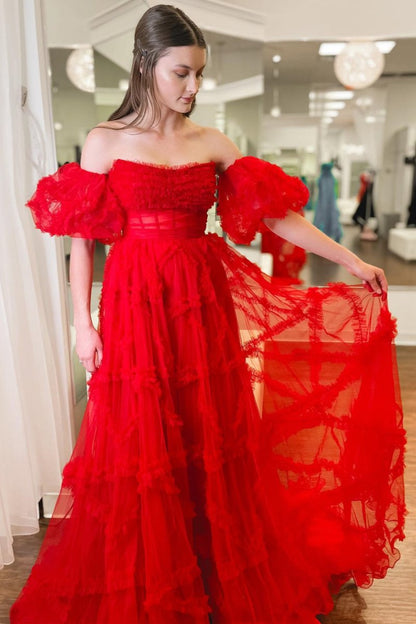 Lainey |A-Line Strapless Ruffles Long Formal Dress with Puff Sleeves