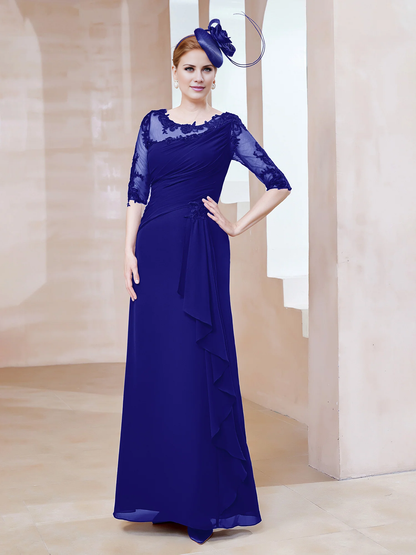 Low round lace neckline with ruffled edges, tight fitting mother of the bride dress