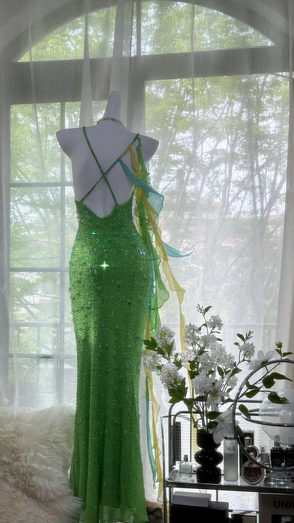 Green Beautiful Charming Fashion Elegant Sparkling Exquisite Sequin Beaded Long Chiffon Ball Gown Evening Gown Birthday Party Gown Prom Gown Graduation Gown gh3946