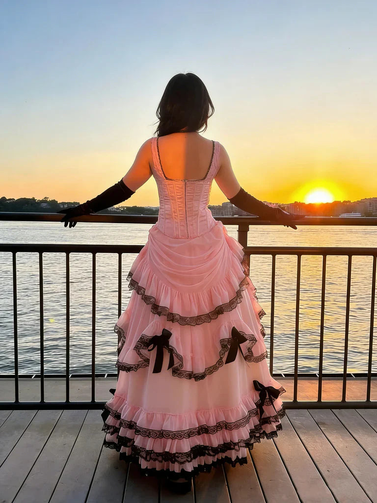 Princess Pink Spaghetti Strap Boned Bow Lace Tulle Long Prom Dress Evening Dress cc5424