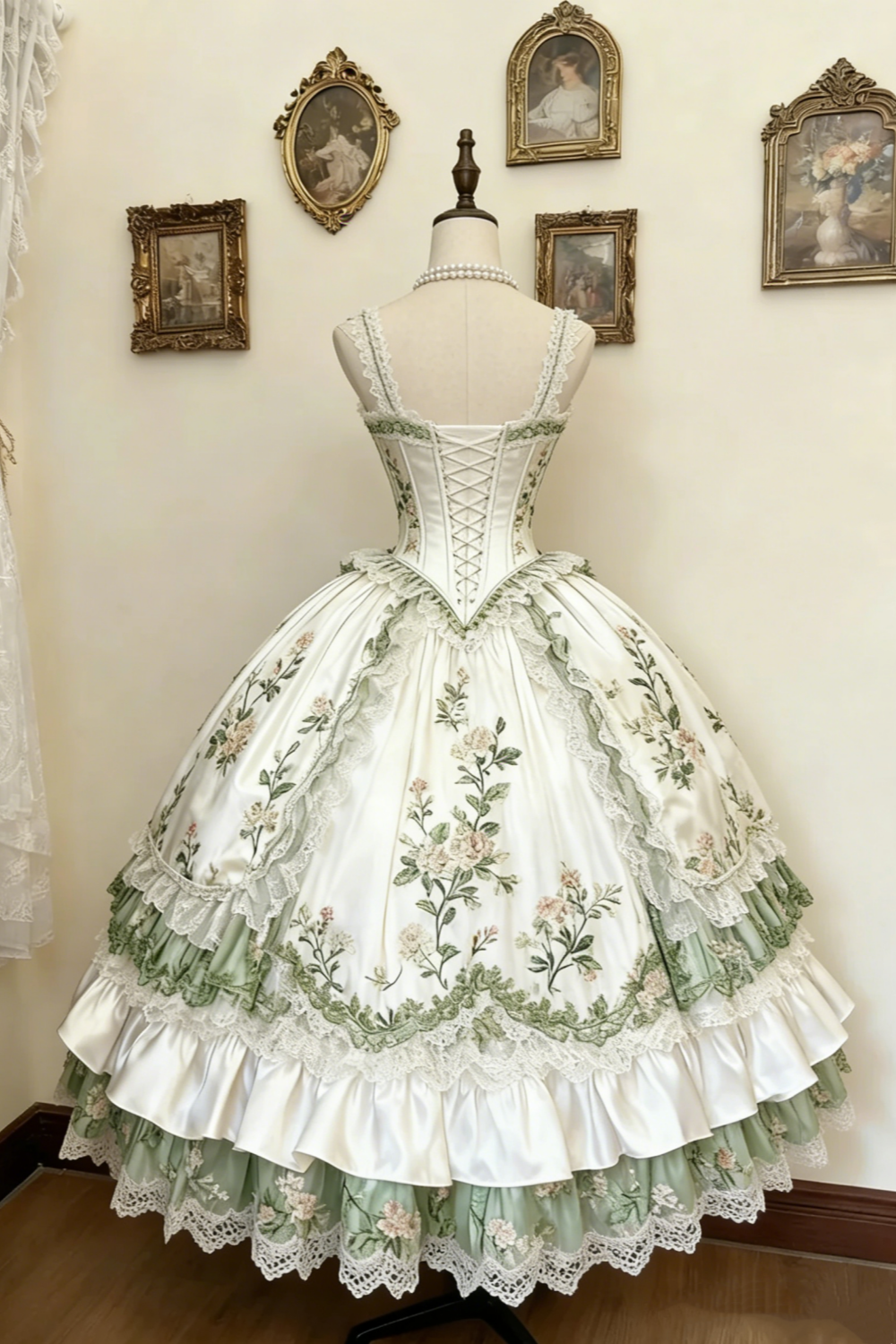 Green and White Rose Rococo Palace Dress gh6781